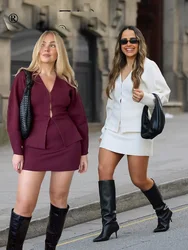 2024 Autumn Slim Skirts Sets Wine Red Solid V-Neck Long Sleeve Cardigan+ A Line Mini Skirts Mujer Roupas Casual Street