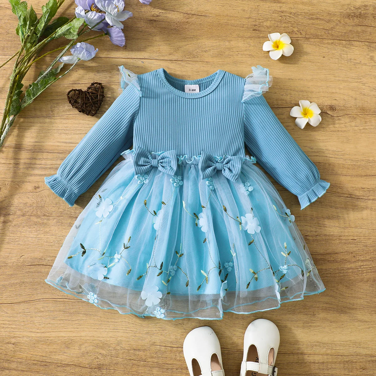 2024 Summer Baby Princess Dress Floral Embroidery Lace Bow Dress Long Sleeve Cute Girls Tulle Costume