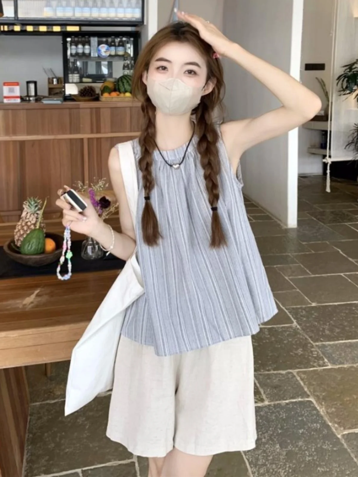 

Summer Casual High Waist Stripe Vest And Shorts Women's Fashion Set Two-Piece Suit Sleeveless Back-Tie Design Comfortable Wear