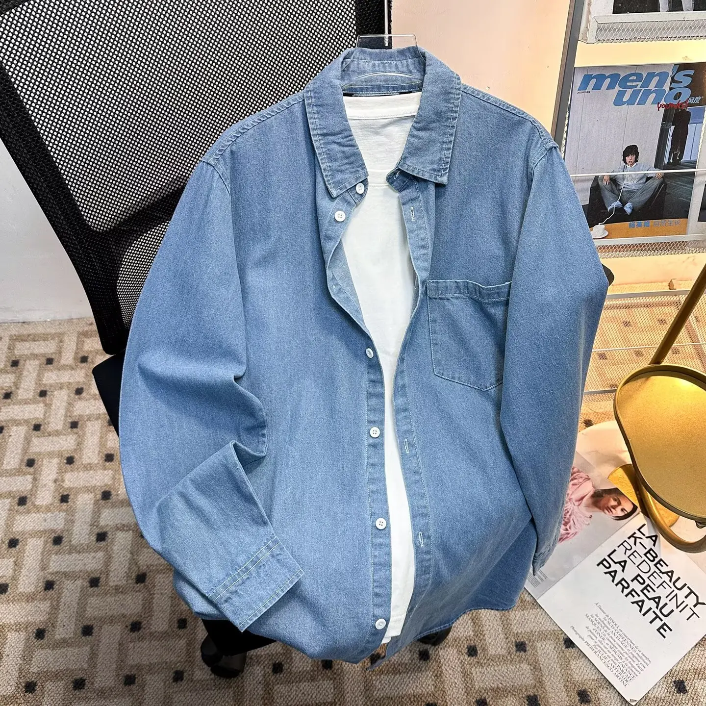 

2026 New Spring Men's Fashion Trend Casual Versatile Large Size Loose High Quality Solid Color Lapel long sleeve Denim Shirt men