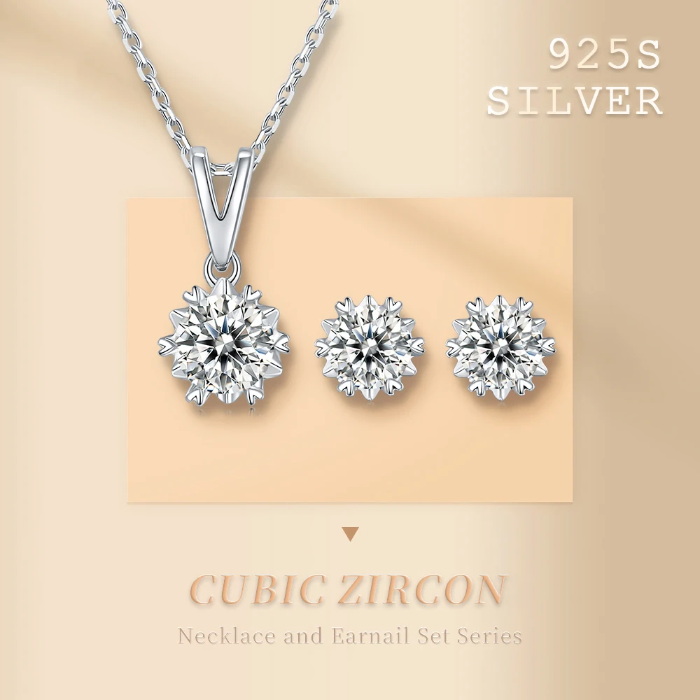 

S925 Sterling Silver Snowflake Pendant Classic And Elegant Zirconia Necklace And Earrings Jewelry Set