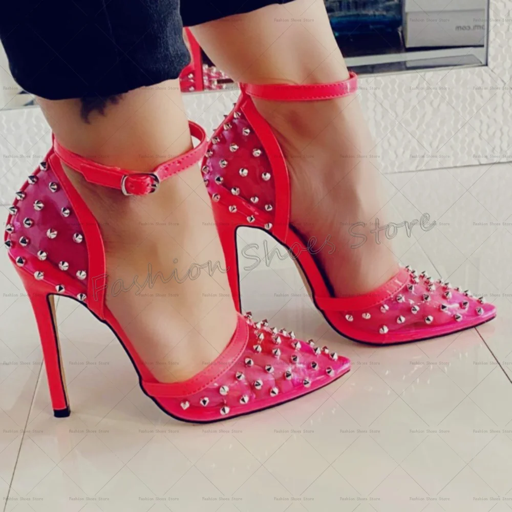 

Red Rivets Decor Pointed Toe Sandals Buckle Strap Women Shoes Stilettos High Heels Party Banquet Dating 2025 Zapatos Para Mujere