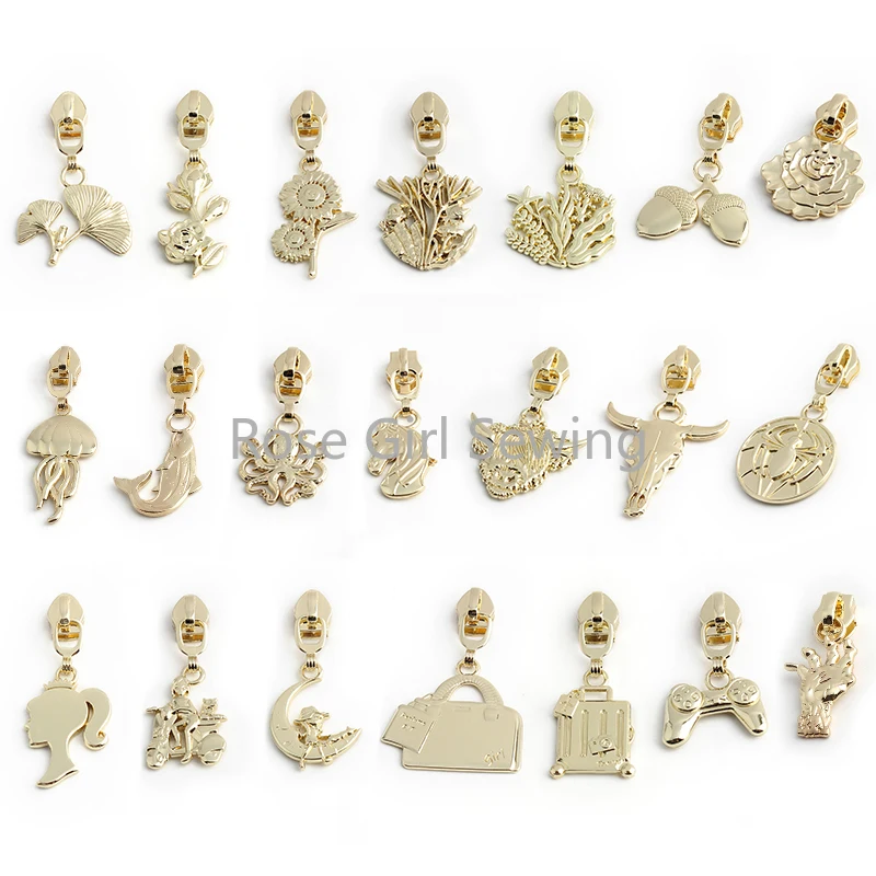 10/50/200PCS Light Gold Animals/Oceans 5# Nylon Zipper Sliders For Garment Travel Bag Backpack Universal Zipper Head Accessories