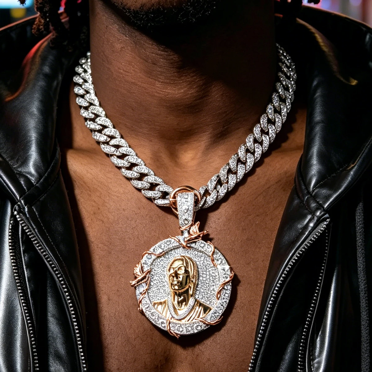 Iced Out 3D Portrait Medallion Pendant Two‑Tone Hip Hop Round Bling With Vine Bird Heart‑Cut Charm Rapper Streetwear Men Jewelry