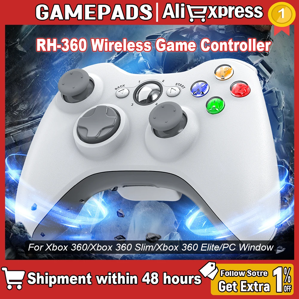 Controlador de juego inalámbrico 2.4G para Xbox 360 con vibración dual Turbo, compatible con Xbox 360/360 Slim y PC Windows.