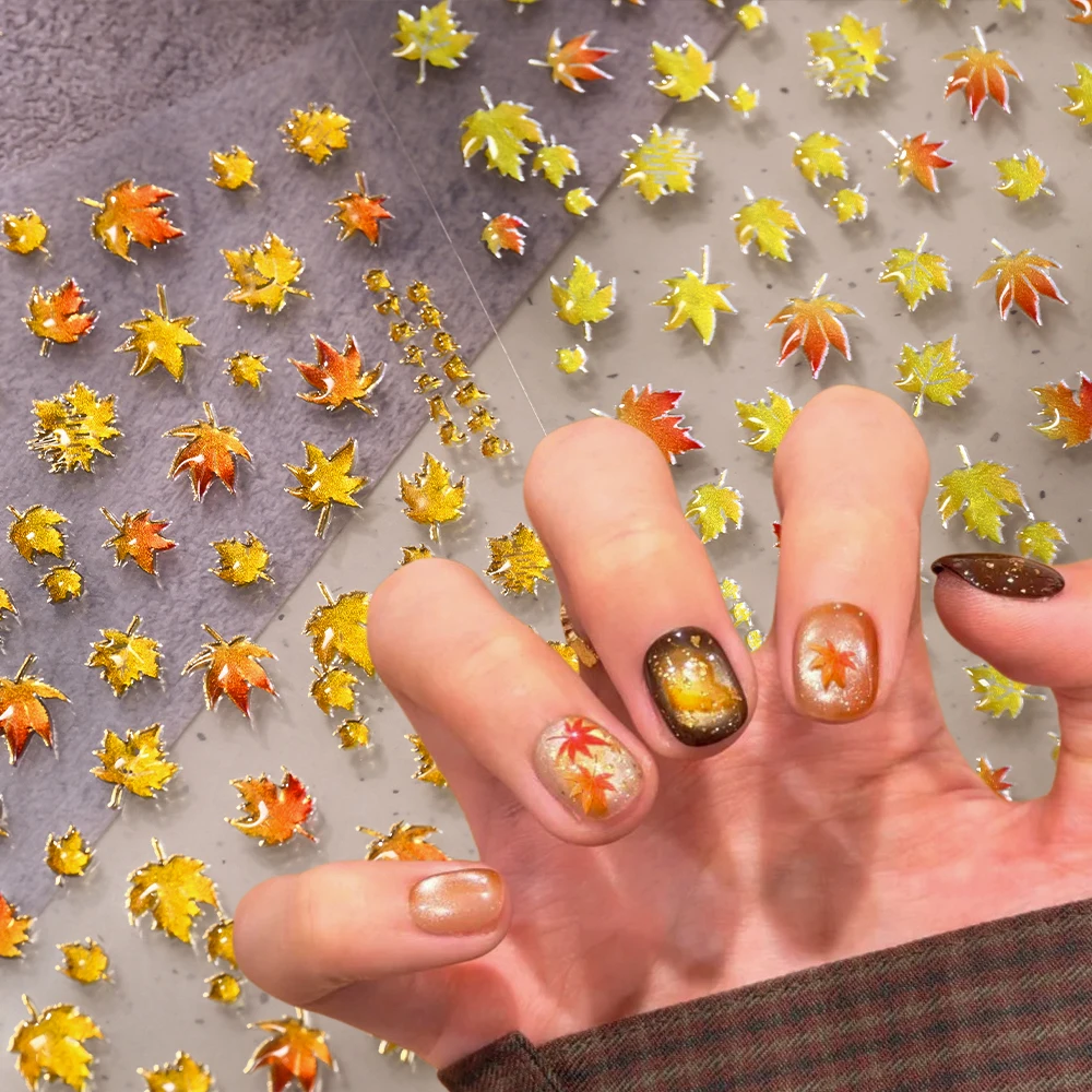 1Pc 5D Relief Golden Jelly Autumn Winter Maple Leaf Nail Sticker Fall Plant Self-Adhesive Decals Maple Leaves Manicure Sliders