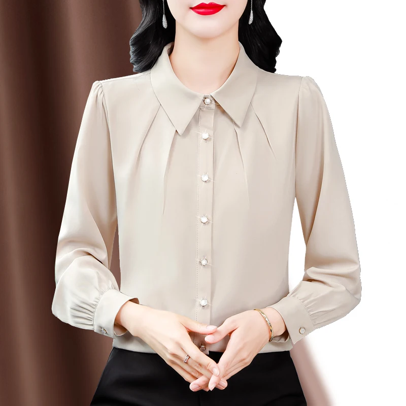 Long Sleeve Women Chiffon Blouse Solid Formal Shirts Women Chic Folds Elegant Office Lady Basic Tops