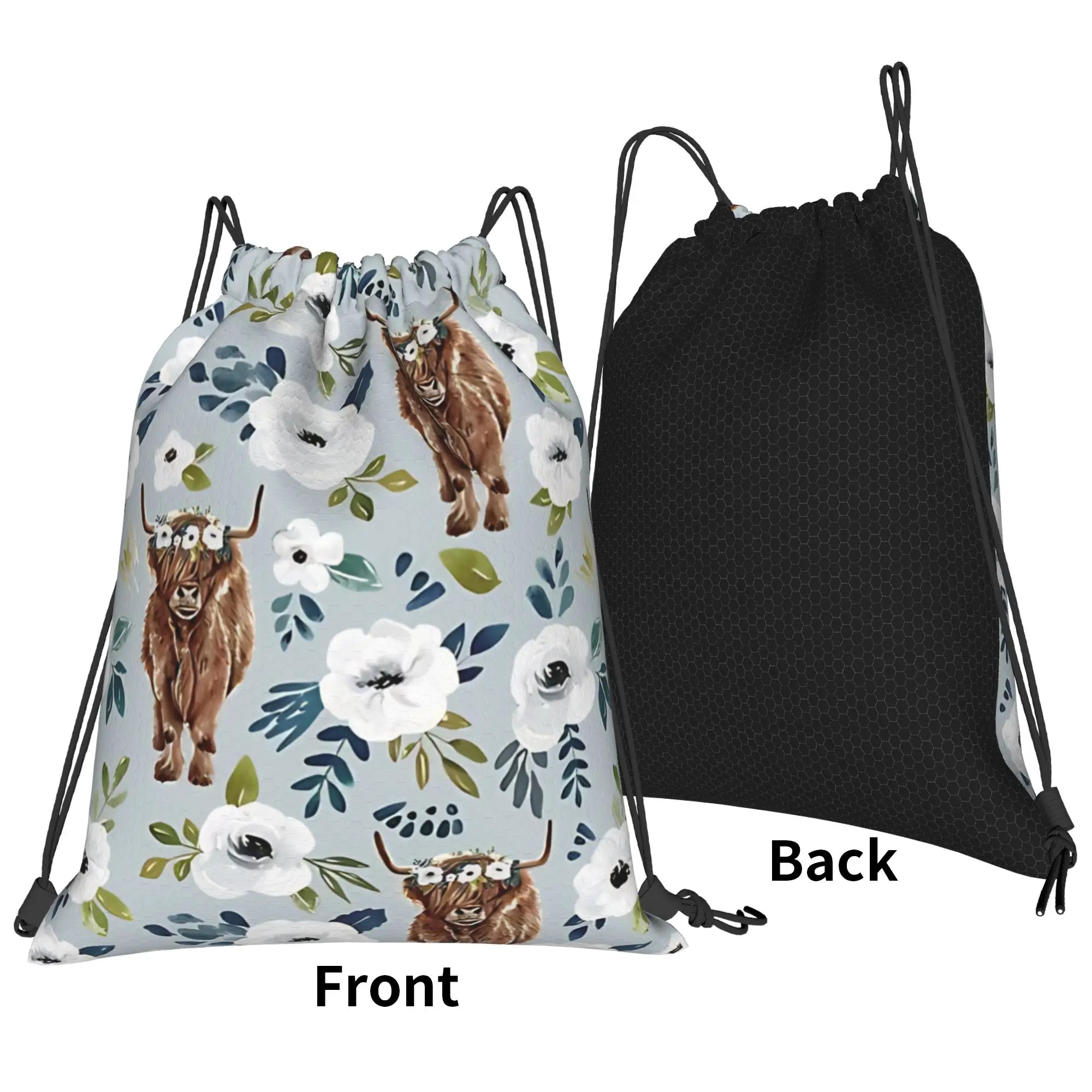 Floral Highland Cow with Flowers Portable Travel Riding Gym Drawstring Storage Sporty Backpacks