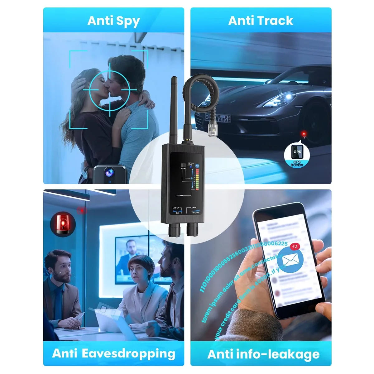 Dispositivo anti-registrazione + rilevatore di bug, soluzione 2 in 1 per la protezione della privacy nelle aziende e nella vita quotidiana Localizzatore GPS