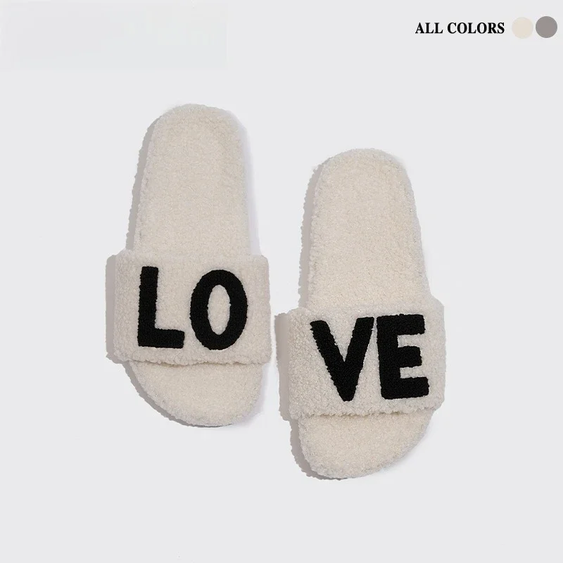 

Slippers Indoor Home Slippers New Fashion Lamb Wool Soft Sole Plush Cotton Slippers High-end Women's Shoes LOVE Alphabet
