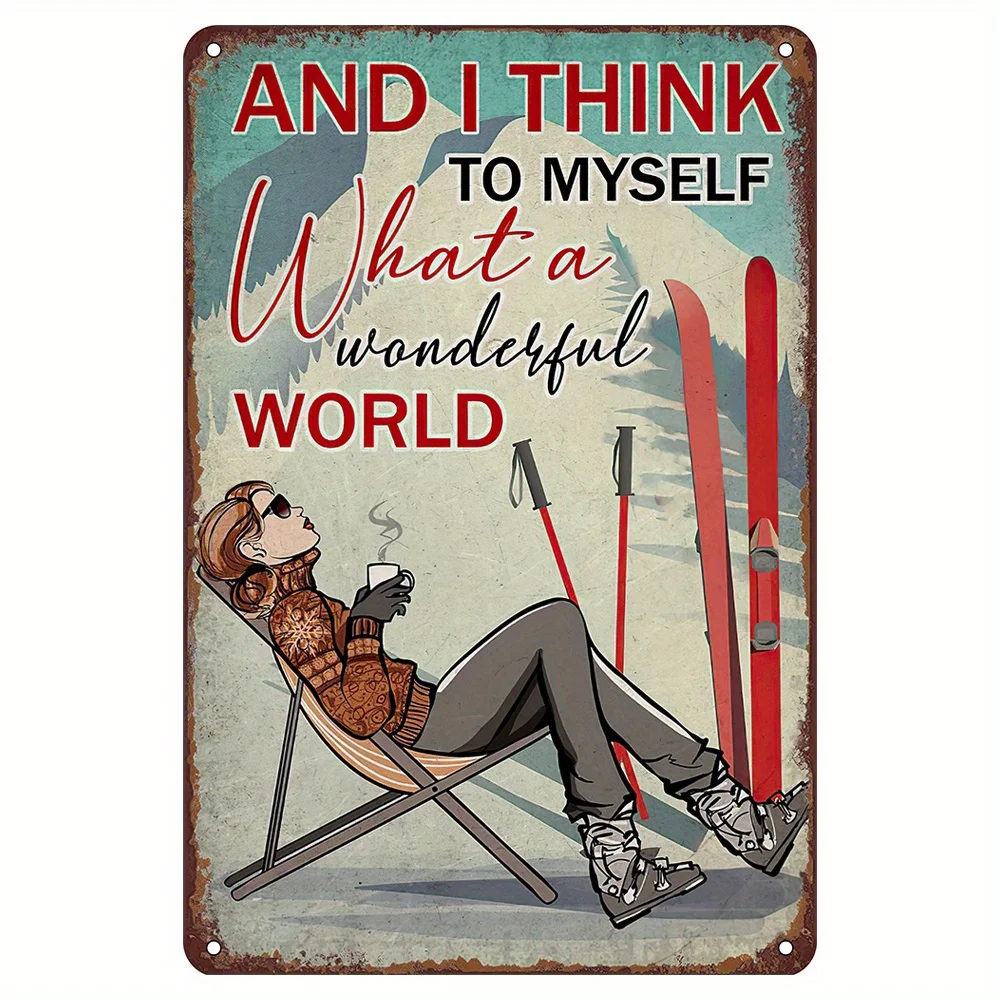 Vintage Ski Girl Metal Sign Wall Art - Weather-Resistant Outdoor/Indoor Decor with Pre-Drilled Holes, No Electricity Needed