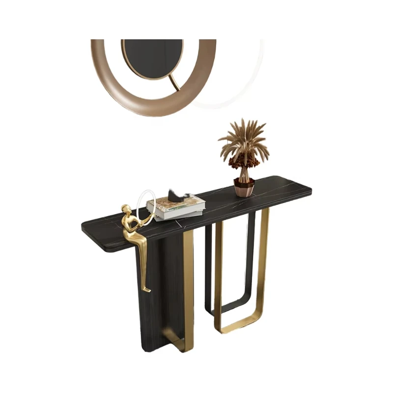 Modern luxury contemporary hall table console golden marble wood panels, living room furniture expandable