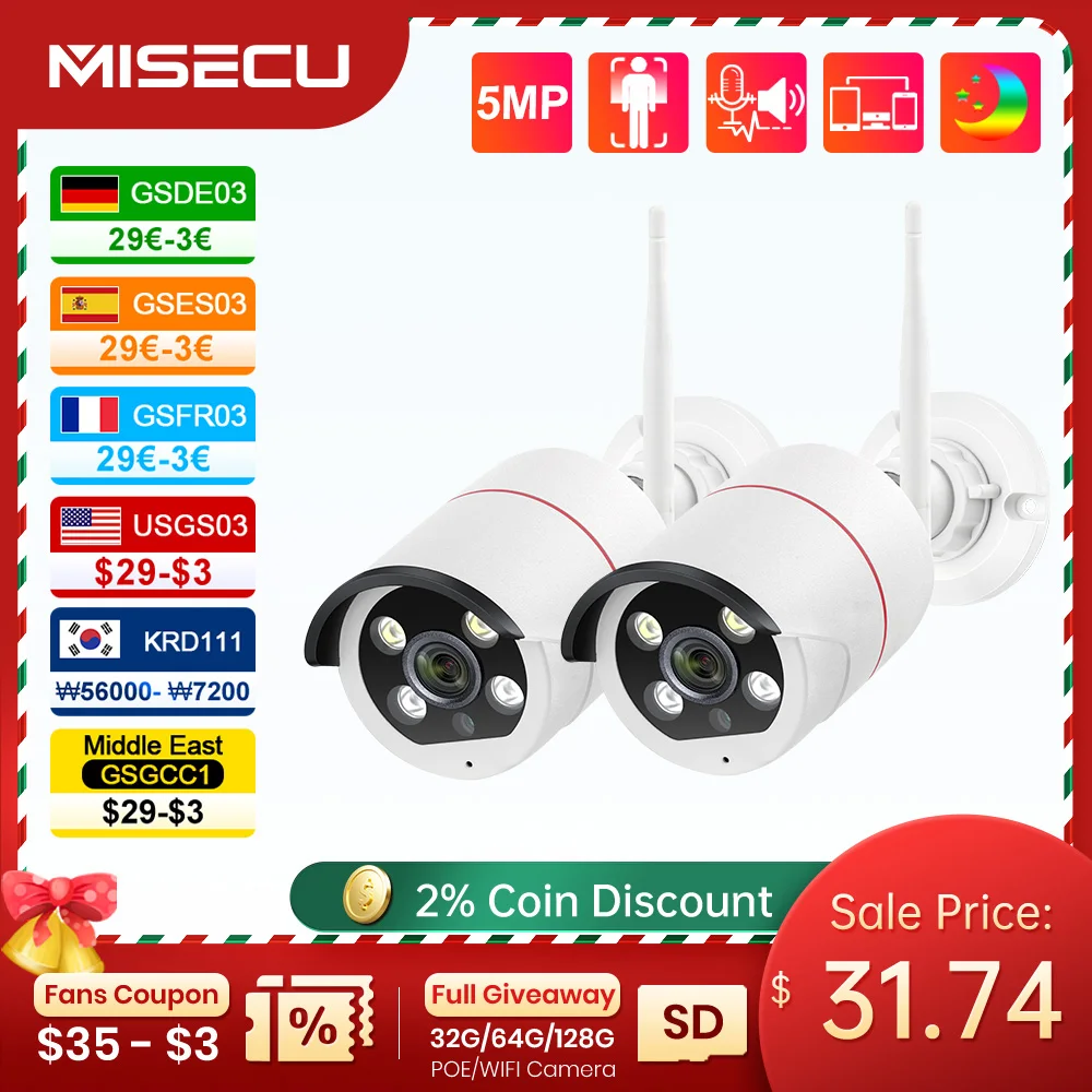 MISECU 5MP Wireless AI IP Camera Face Detect Audio Recorder Outdoor Color Night Two-way Audio Surveillance Surveillance Protecti