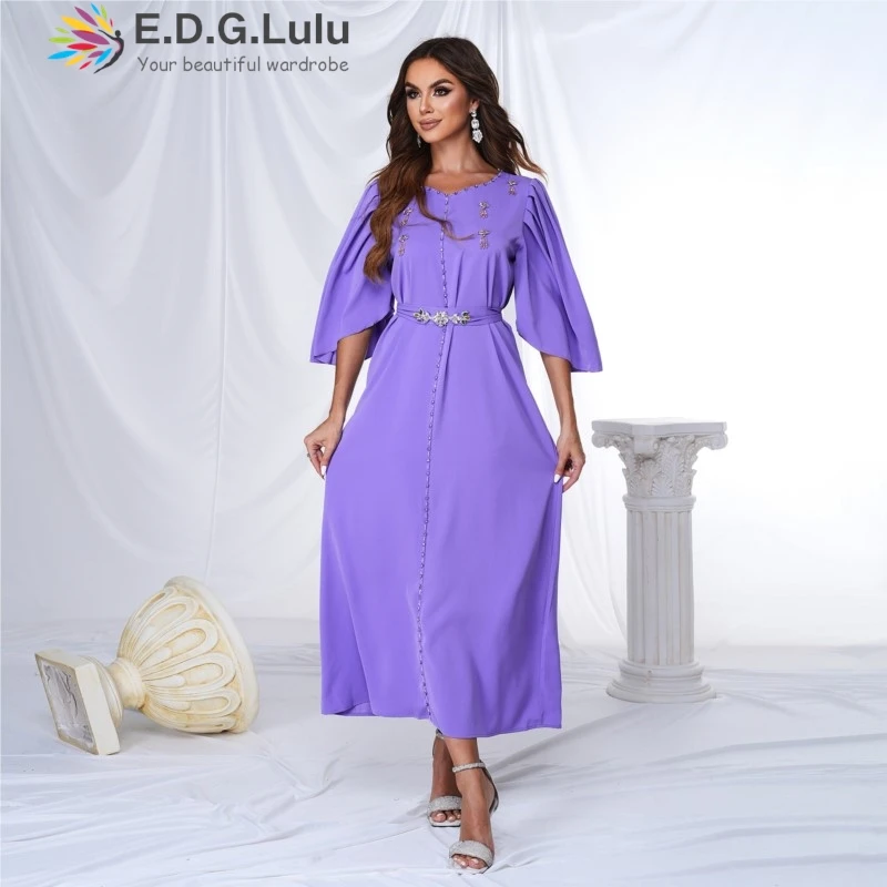 

EDGLuLuFall Fashion Women 2024 O Neck Flared Sleeve Purple Dress Elegant Loose Sequin Splicing High Waist Lace-Up Long Dress1005