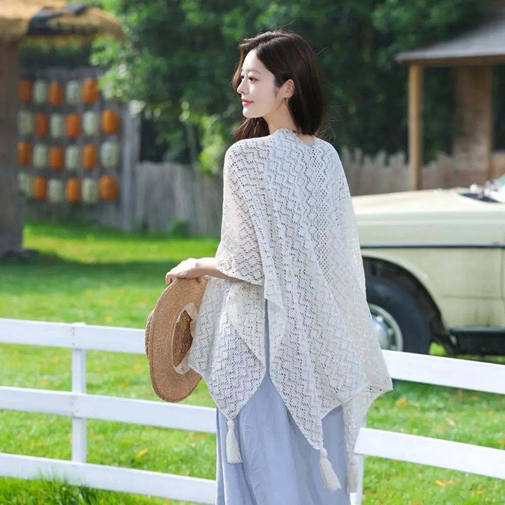 

Vintage Elegant Ethnic Style Tassel Shawl Colorful Hollow Sunscreen Crochet Cardigan Retro Thin Beach Scarf Travel
