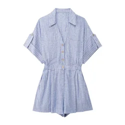 Tangada 2024 New Women Striped Cotton Linen Rompers Waist Buttons Ladies Jumpsuits 3H587