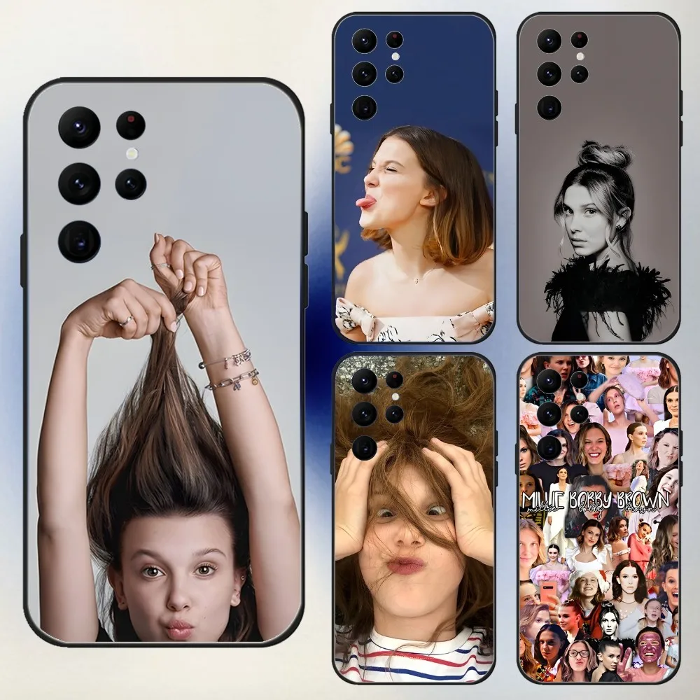 M-Millie Bobby Brown Phone Case For Samsung S24,23,22,30,21,10,9,Ultra,Plus,Lite,FE,5G Black Soft Case