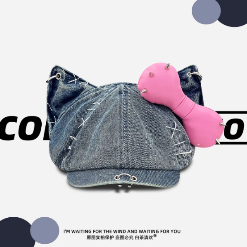 Korean Niche Y2k Bow Rivet Cat Ear Octagonal Newsboy Caps Spring and Autumn Street Personality Punk Large Version Women Berets