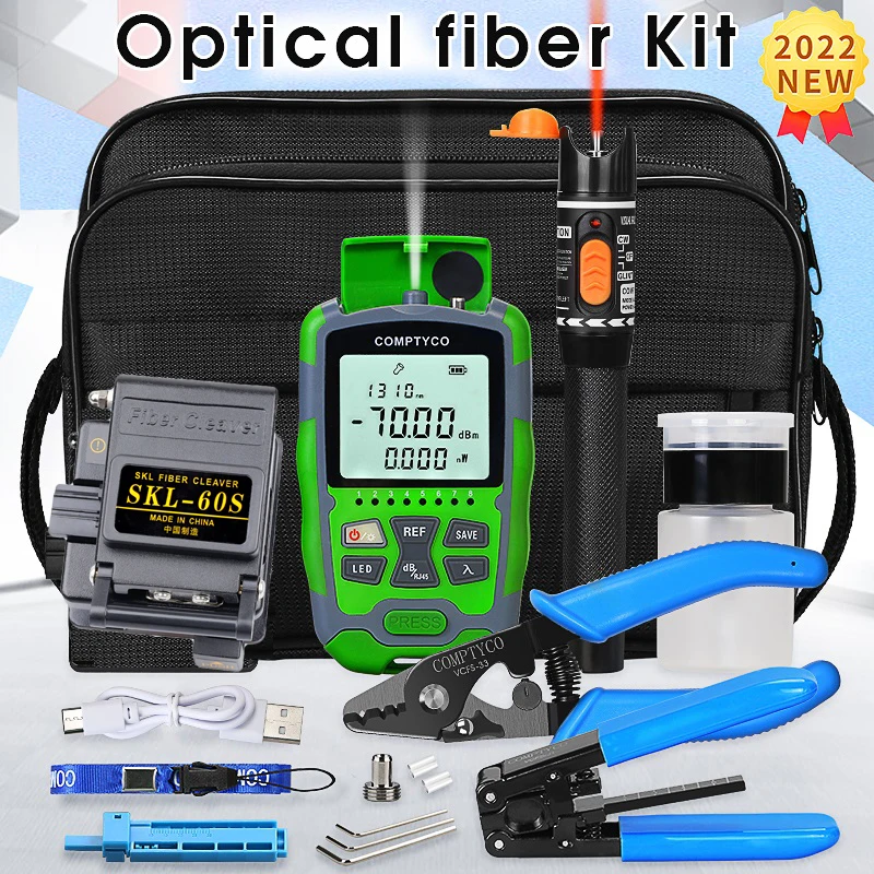 Fiber Optic Tool Kit with SKL-60S Fiber Cleaver -70+10dBm/-50+26dBm 3 in 1 Mini Optical Power Meter 10Mw Visual Fault Locator