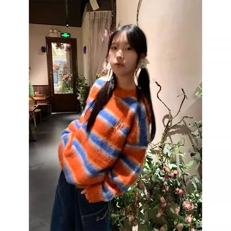 Оригинальный ретро-свитер с контрастной вязкой дофамина для мужчин и женщин, свободный повседневный пуловер в ленивом стиле