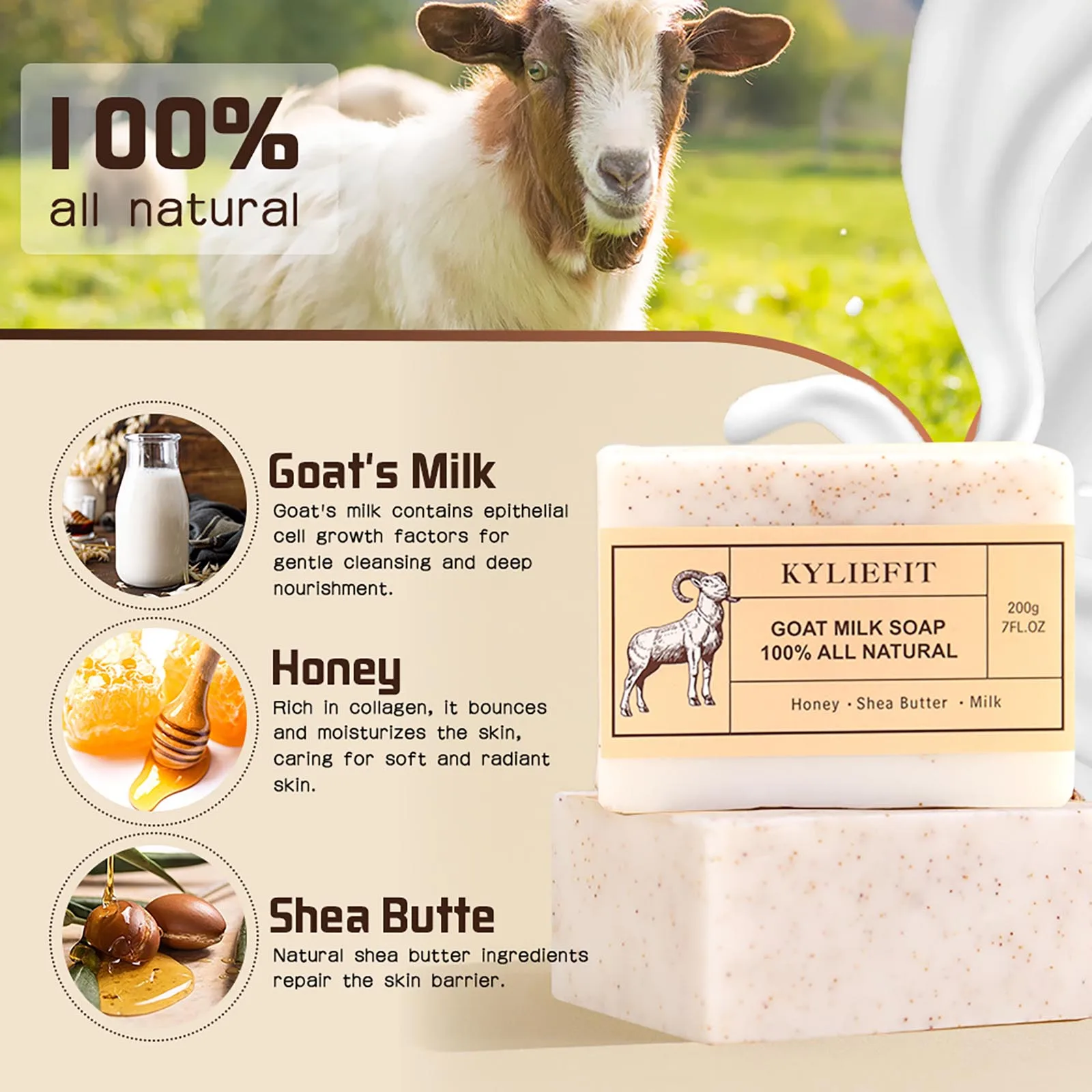 Organic Goat Milk Soap, 100% All Natural, Brightening , Cleaning, Nourishing, With Honey, Shea Butter, Milk, For All Skin Types