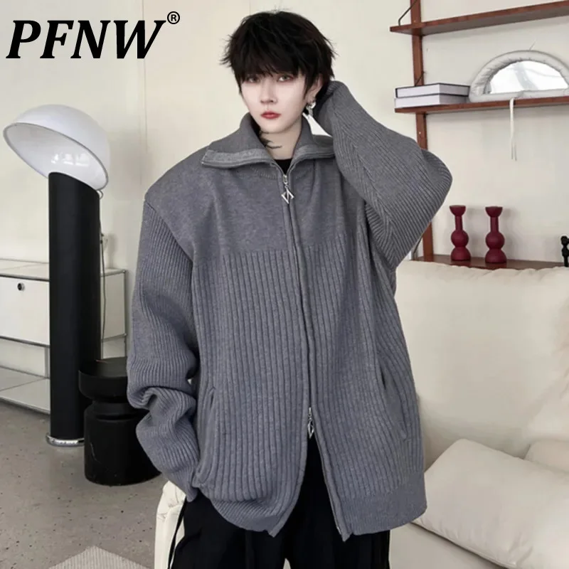 PFNW Solid Color Double Pull Head Zipper Turtleneck Men's Loose Cardigan Sweater Causal Grey Oversized Men's Sweatercoat 9C2488