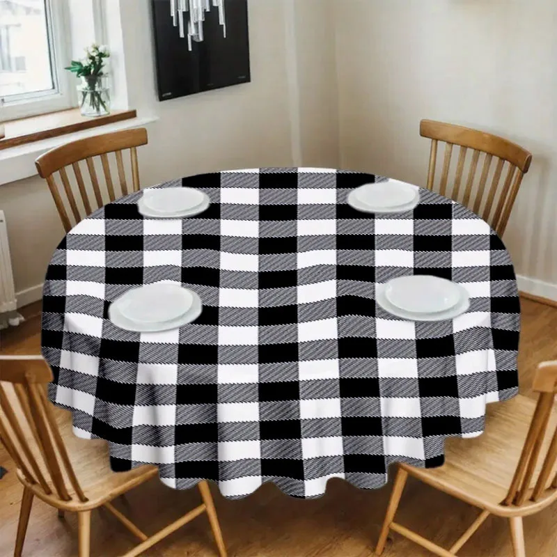 【JIT Products】Round checkered tablecloth, featuring classic black and white check pattern, suitable for home usezyc