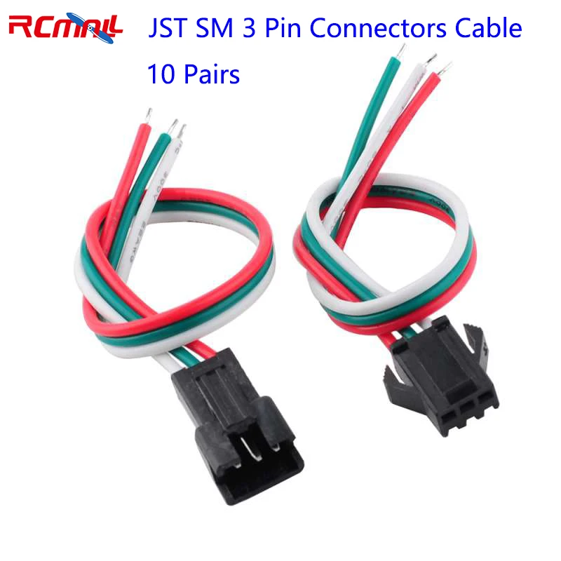 RCmall 10 Pairs JST SM 3 Pin Connectors Cable for WS2812 WS2812B LED Strip, 15cm/5.9 Inch Length Female Male Plug LED Connector