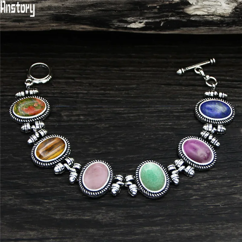 Vintage Oval Mixed Natural Stone Bracelet For Women Tibetan Silver Plated 6 Chakra Stone Tiger Eye Jades Quartz Fashion Bracelet