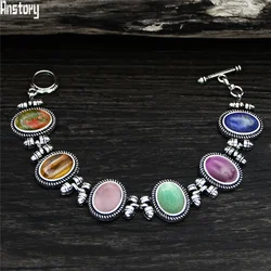 Vintage Oval Mixed Natural Stone Bracelet For Women Tibetan Silver Plated 6 Chakra Stone Tiger Eye Jades Quartz Fashion Bracelet