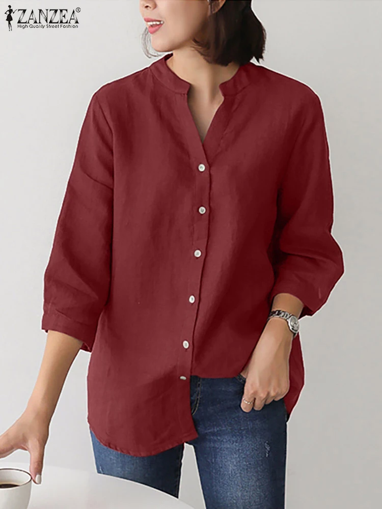 2024 ZANZEA Summer Women V Neck 3/4 Sleeve Shirt Elegant Solid Blouse Female Casual Loose Work Blusas Fashion Buttons Down Tops