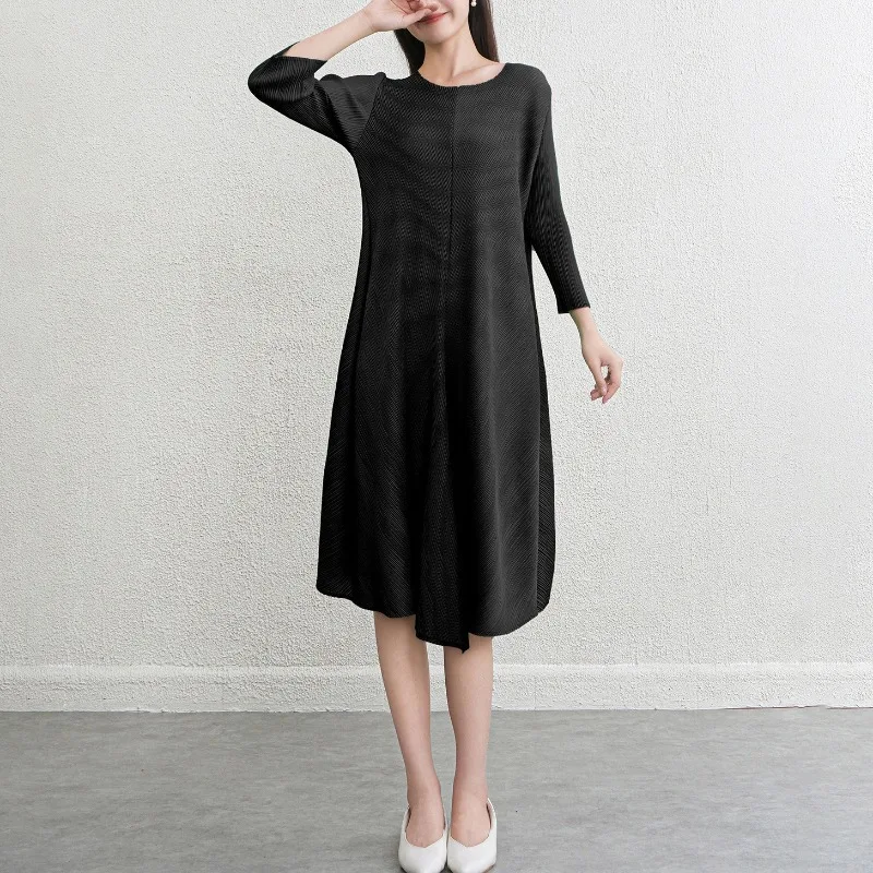 

Свободное драпированное платье в Европе и Америке, женская плиссированная длинная юбка с длинными рукавами Miyake, осенняя новая простая темпераментная женская одежда