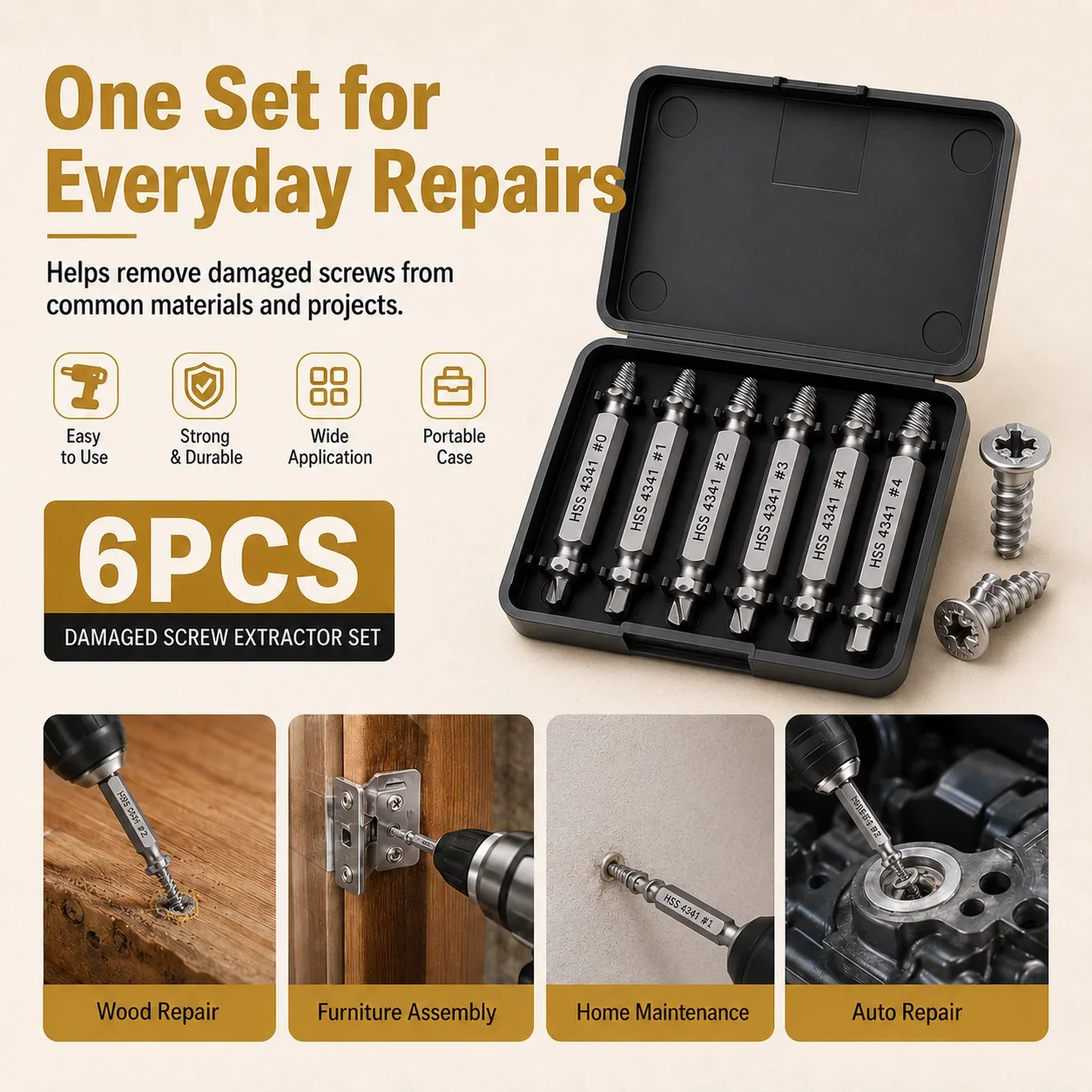 

4/5/6PC HSS Extractor Double Head Screw Slide Tooth Removal Screwdriver Bit Set Broken Wire Tool Kit Power Tool Accessory