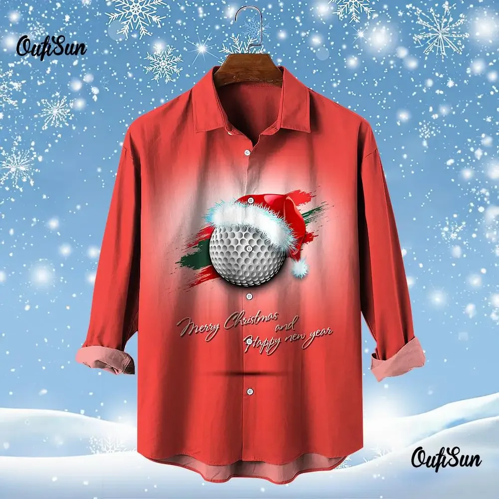 Golf Santa Festive Shirt 3D Printed Christmas Long Sleeve Shirt Party Men\'s Shirt 3D Printed Casual Fashion Men\'s Top