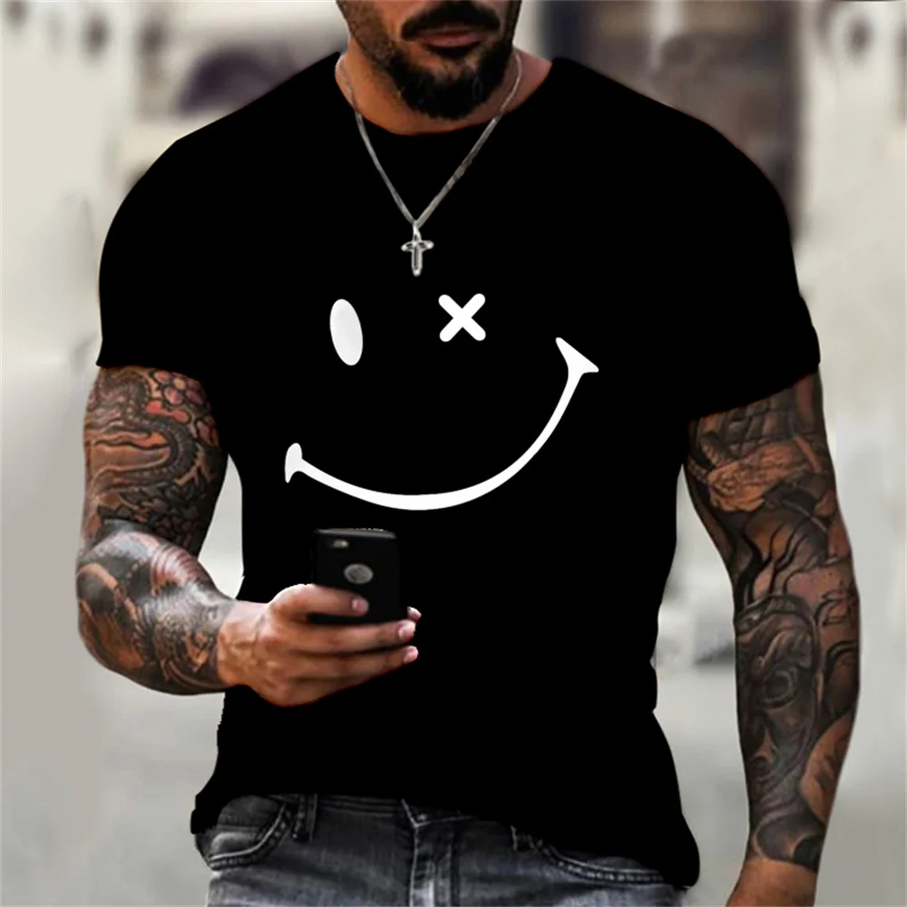 Classic Fashion Personality Solid Color Men\'s and Women\'s T-shirt Simple 3D Fun Smiling Face Printing Short Sleeve Top T-shirt