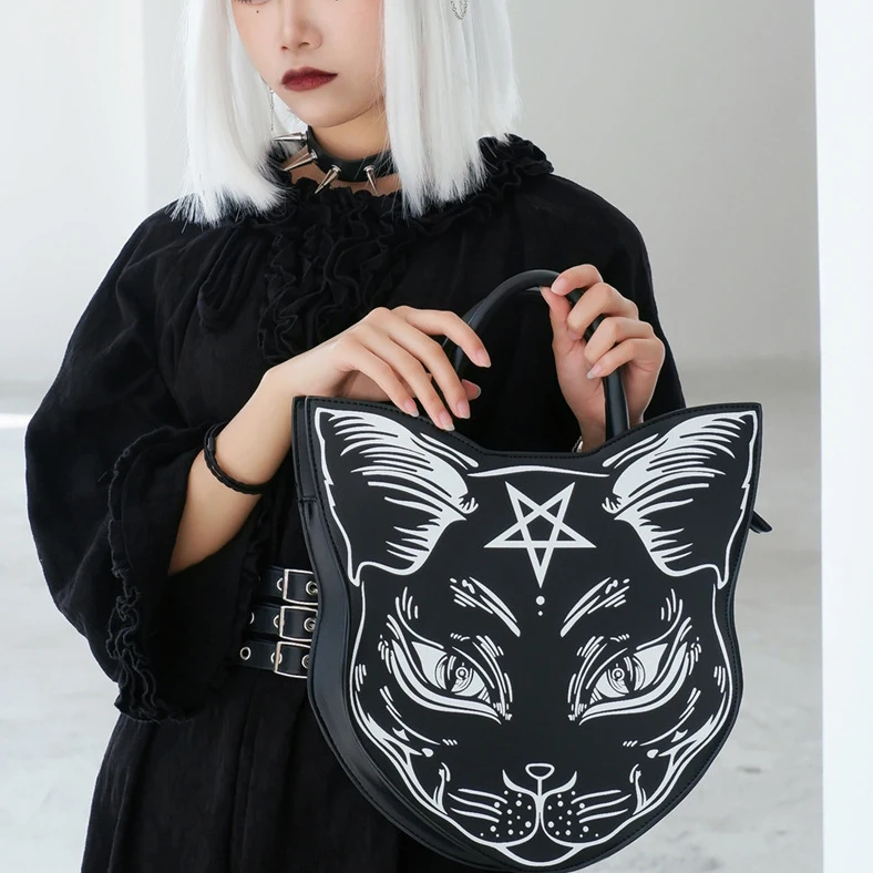 Dark Cartoon Cat Design Purses And Handbags For Women Punk Harajuku Style Girl Shoulder Bag Black Top Handle Purse Fashion Totes