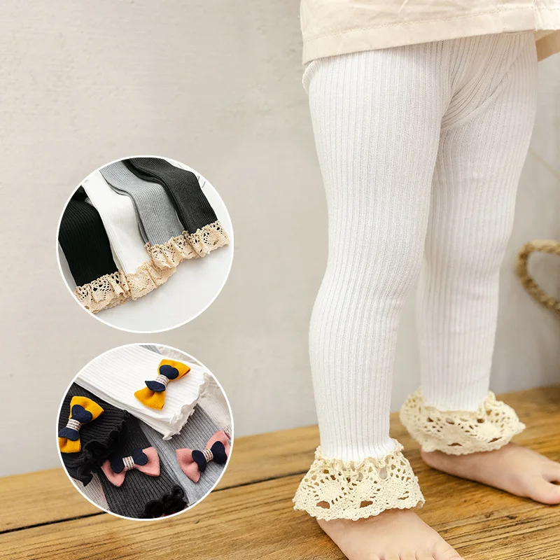 New Kids Girls' Knitted Leggings Spring Autumn Fashion Lace Bow Baby Pants Version Newborn Toddler Tights For Girls 0-4Years Old