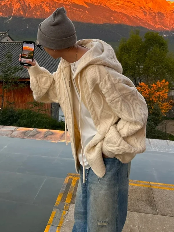 

Мужской повседневный вязаный кардиган-пальто свободного кроя с капюшоном, универсальный, в корейском стиле, для осени и зимы