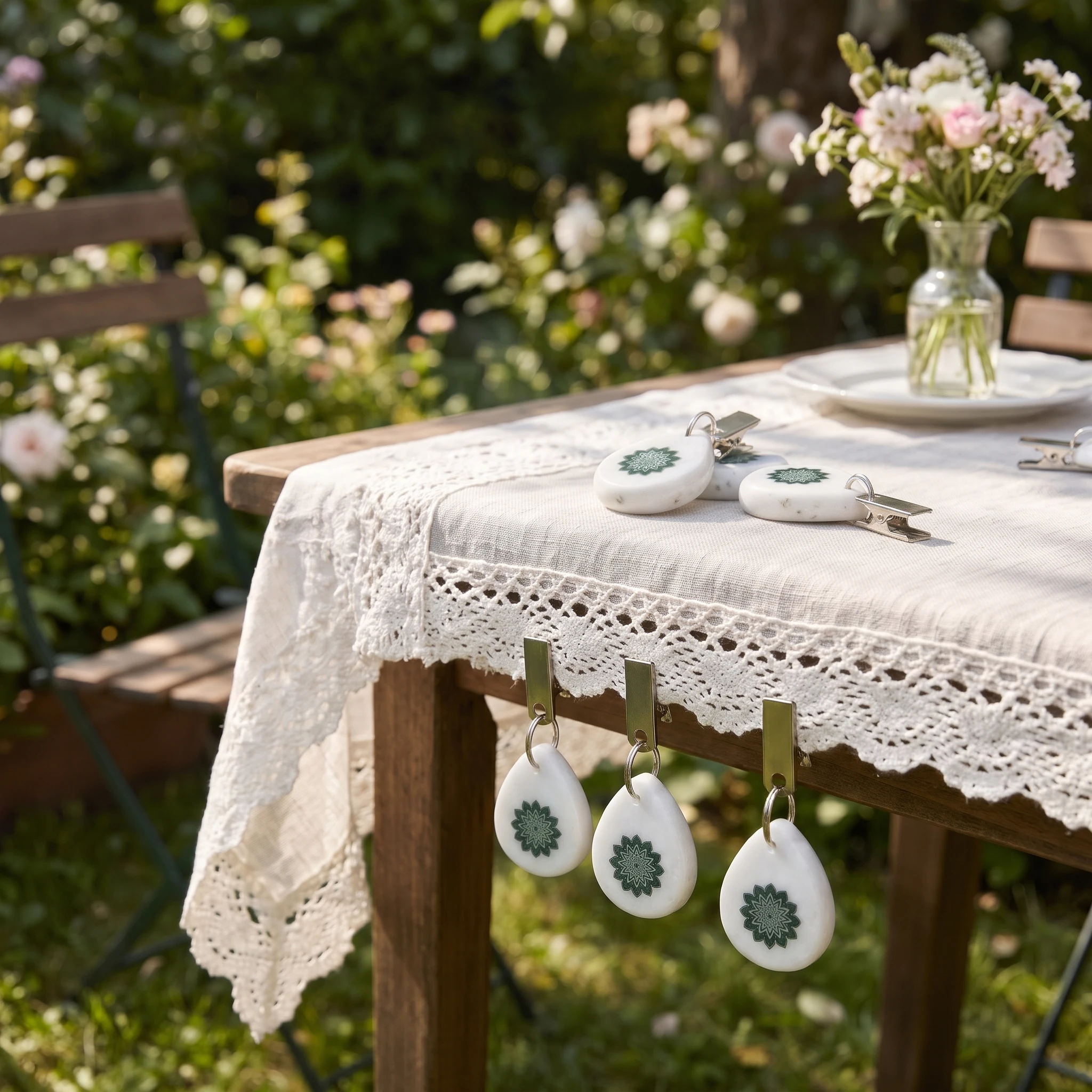 4/8PCS Natural Marble Tablecloth Weights with Heavy Duty Clips Windproof Teardrop Table Cloth Clamps for Outdoor Patio Picnic Ca