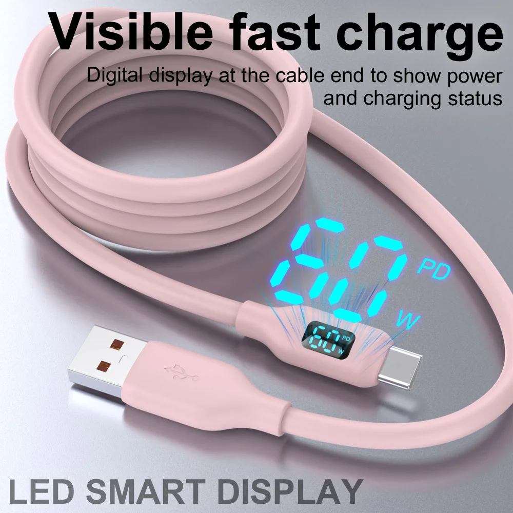 2/3Pack 60W Silicone LED Display USB A to USB C Fast Charging Data Cable Compatible with Samsung Xiaomi Oppo Type C Smartphones