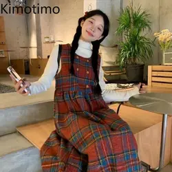 Kimotimo Christmas Red Plaid Woolen Vest Dress Women Autumn Winter Sweet Sleeveless Waist A-line Mid Length Dresses Vintage Robe