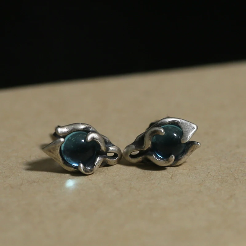 S925 Sterling Silver Earrings For Woman Blue Topa Stone Stud Dragon Soul Handmade Simple Cold Wind of The Warrior Soul