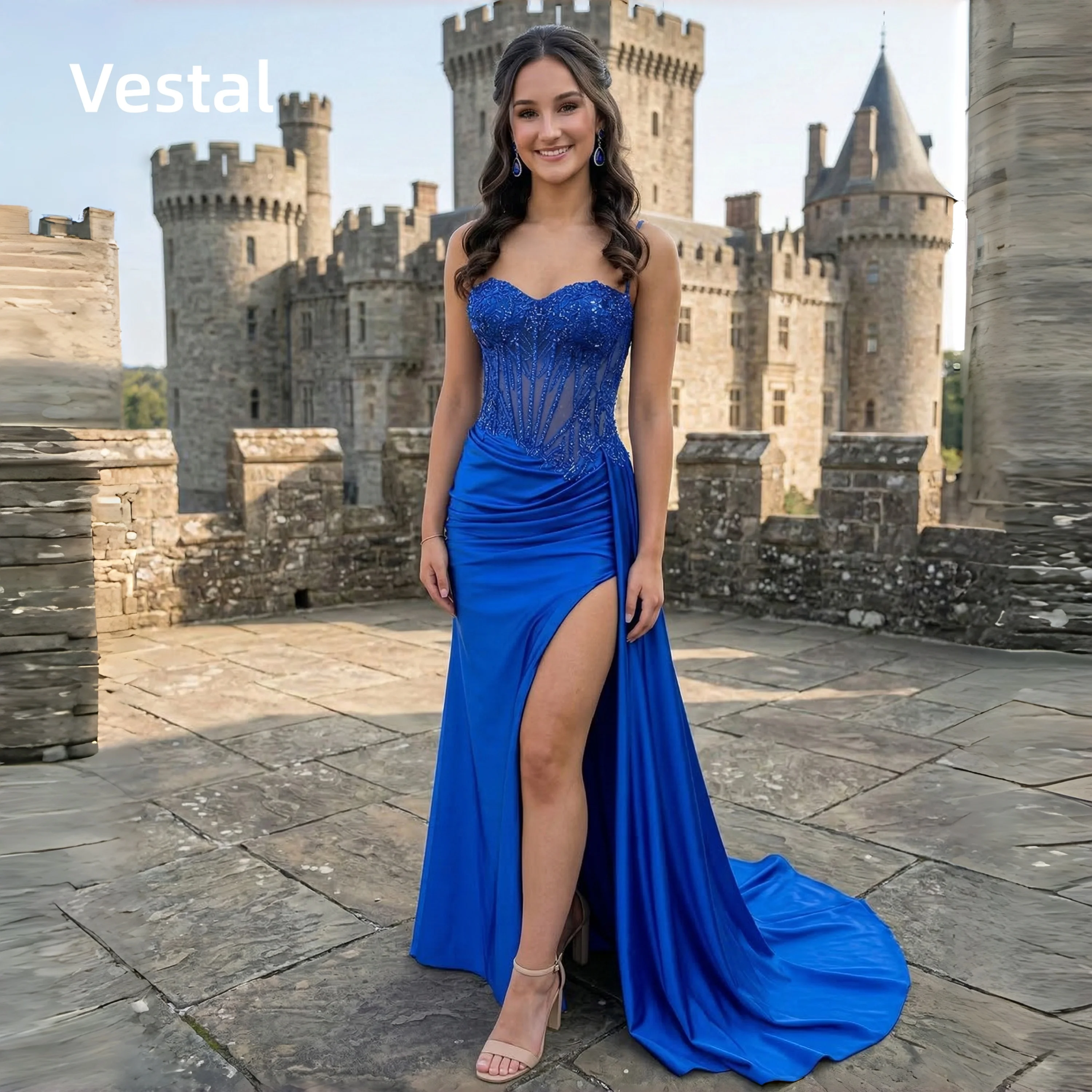 

Luxury Royal Blue Lace Prom Dress Spaghetti Strap Mermaid High Slit Formal Evening Gown Customized