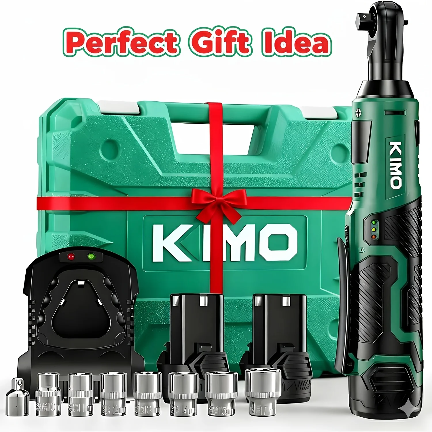 

KIMO Electric Ratchet Wrench, Cordless Ratchet Wrench Set, 3/8 Inch 12V Power Tool, 40ft Lbs Torque, 400 RPM, Fast Charger, 2.0Ah Lithium Ion Battery, 8 Sockets Included, Variable Speed Trigger, Fathers Day Gift for Men, DIY, Automotive, Mechanics