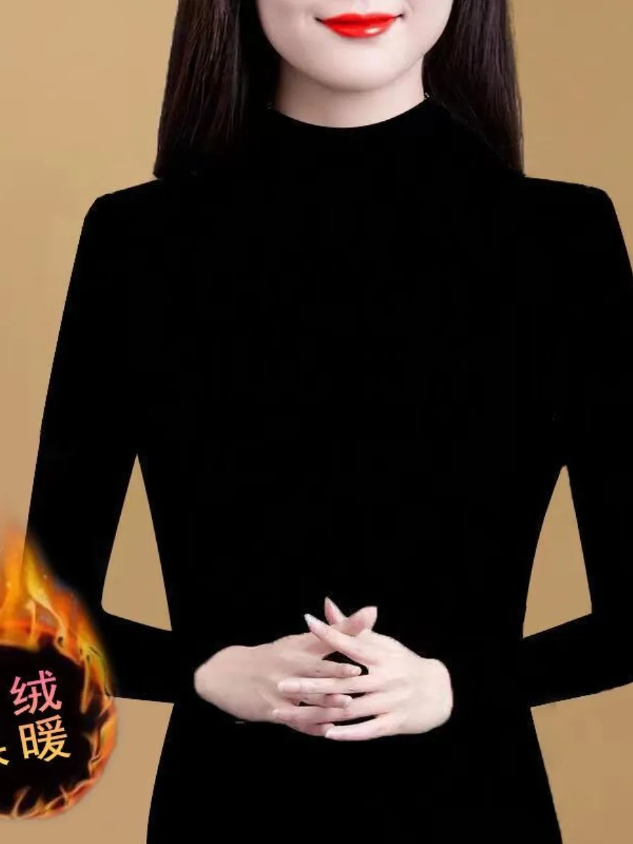おしゃれなフリース裏地付きハーフハイカラーママ服インナーウェア、裕福な女性向け、2025年春冬、健康リングアクセサリー