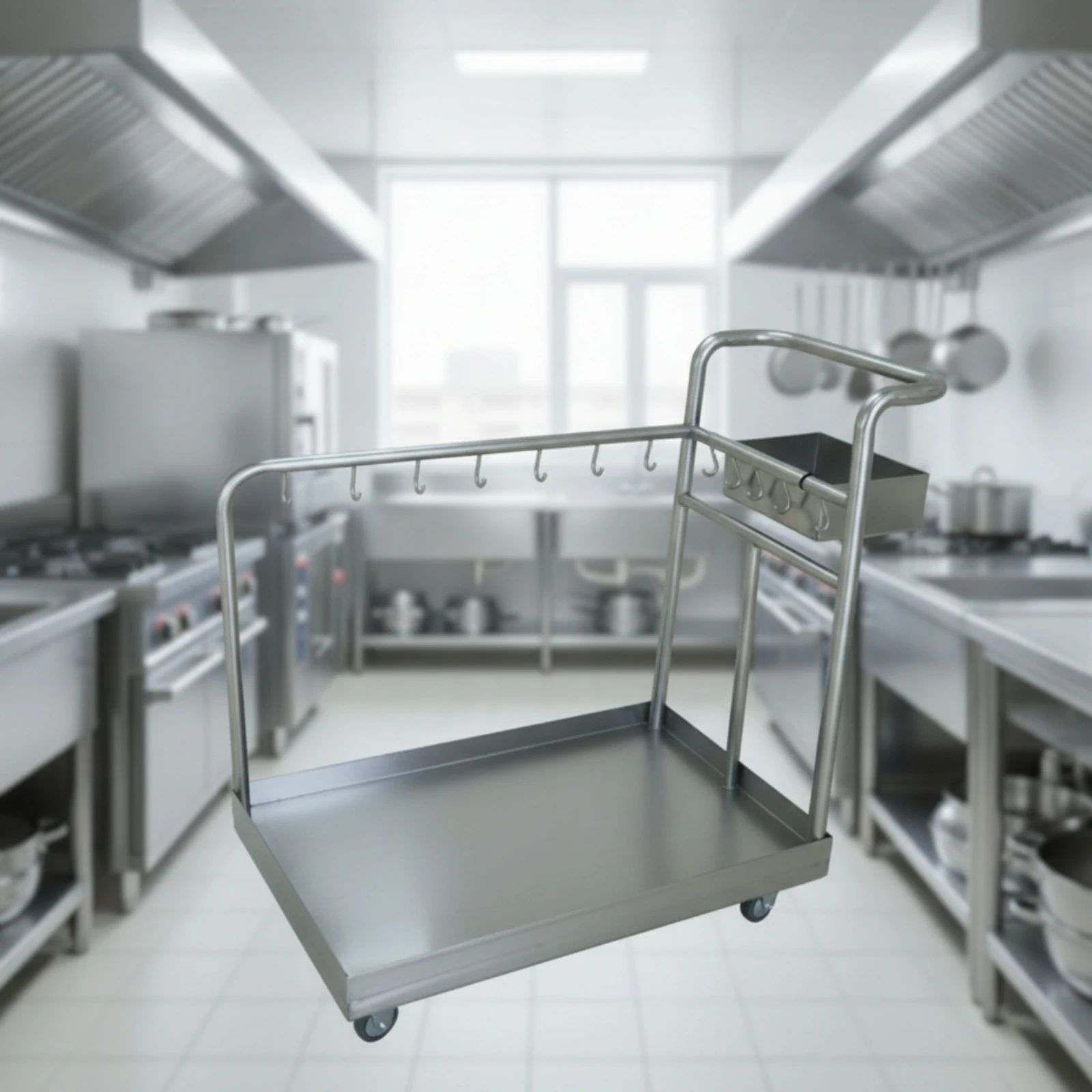 Janitorial Cart with Hooks Commercial-Grade Stainless Steel Cart with Hooks Efficient Smooth-Rolling for Janitors, Hotels