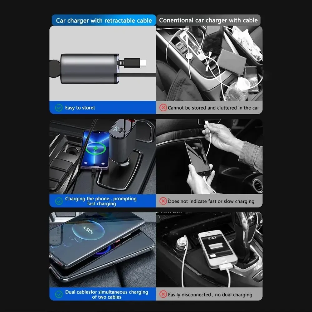 120W Car Charger Car Super Fast Charge Flash Charging, Telescopic Cable Four-in-one Point Smoker Car Charging