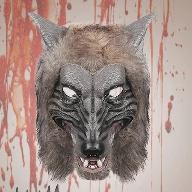 Gorro para adultos, máscara aterradora para fiesta de disfraces de Halloween, Animal realista, Lobo, Cosplay, tocado con piel y dientes