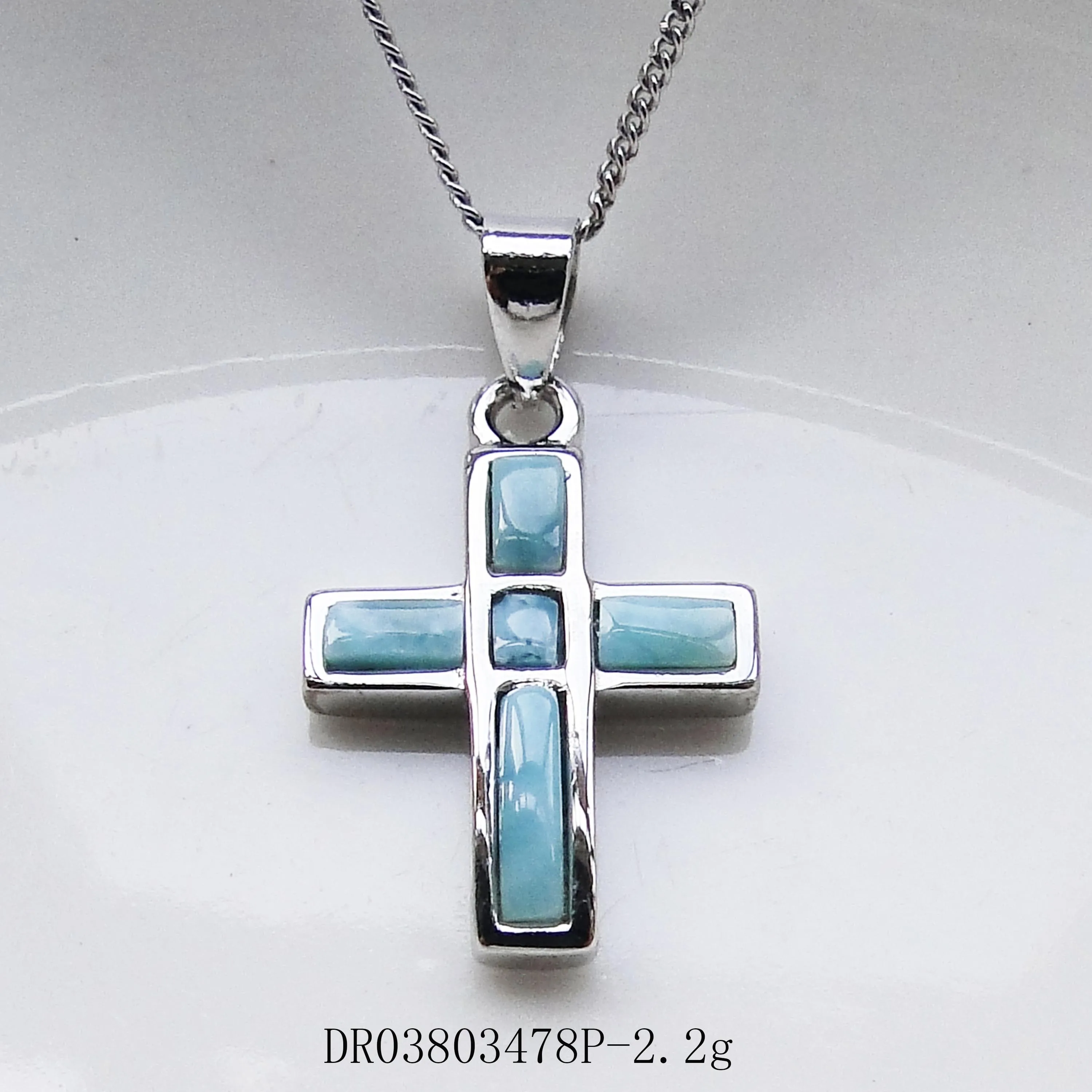 

DJ CH Natural 100% 925 Sterling Silver& Larimar Fine Cross with Blue Fire Opal in the Center, Larimar Opal Fine Jewelry Pendant