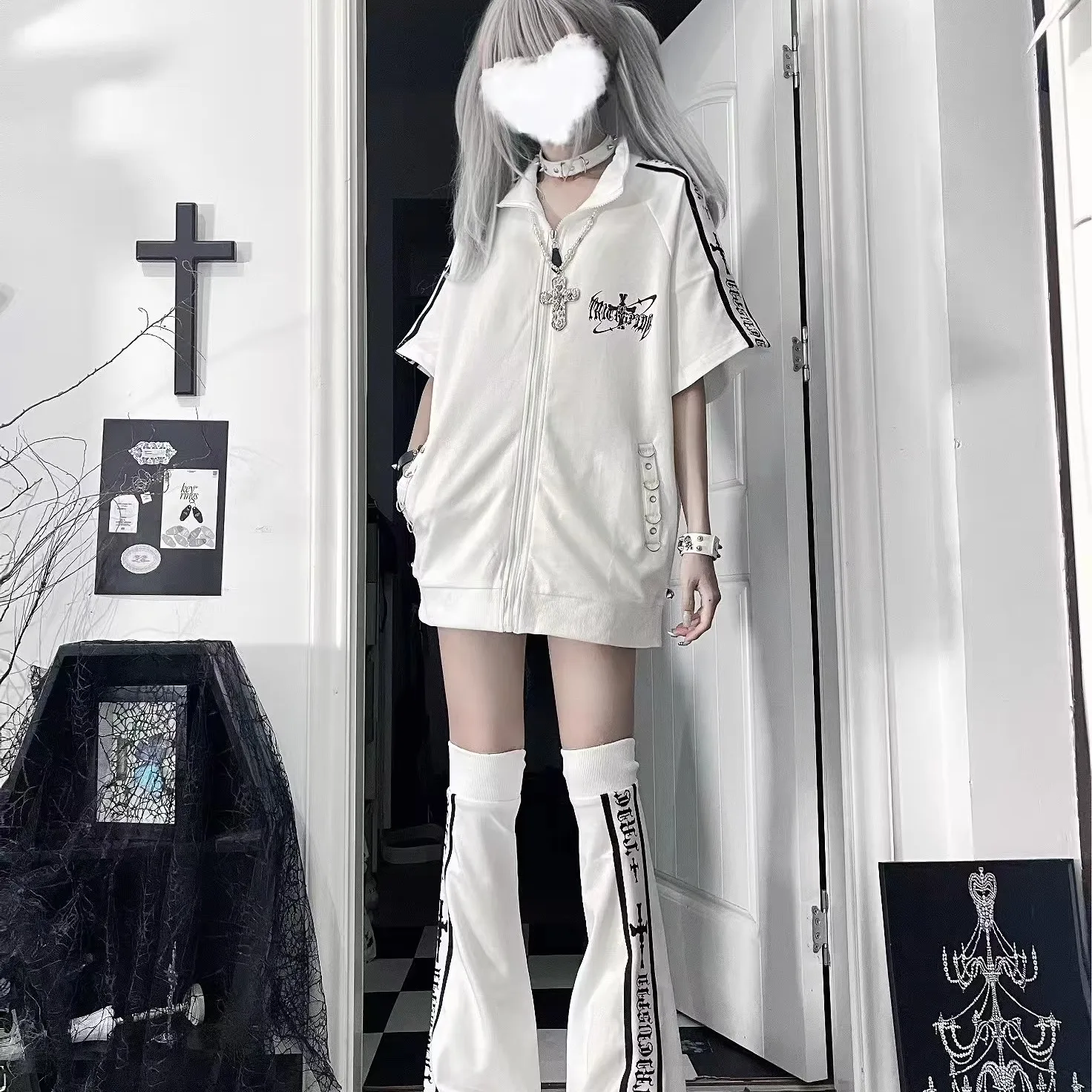 Original Subculture Gothic Loose Short Sleeve Jacket Skirt Leg Warmers Set 2025 Autumn New Girl's Sweet Cool Print Sportswear